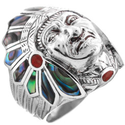 925 Sterling Silver Paua Abalone Red Coral Motor Biker Indian Chief Ring
