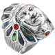 925 Sterling Silver Paua Abalone Red Coral Motor Biker Indian Chief Ring