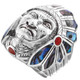 925 Sterling Silver Paua Abalone Red Coral Motor Biker Indian Chief Ring