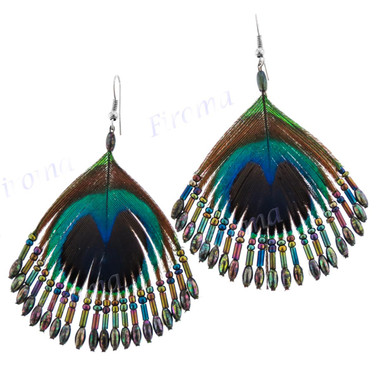 2 9/16" Peacock Feather Iridescent French Earrings