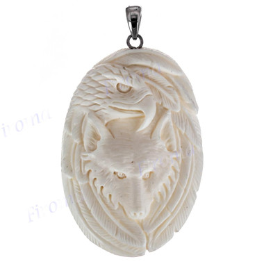 2 3/4" 925 Sterling Silver Bison Bone Eagle Wolf us Pendant