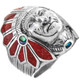 Wide Heavy Native American Indian Chief Red Coral 925 Sterling Silver Ring