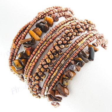 Seed Beads Tiger Eye 7" Bronze Cuff Bracelet