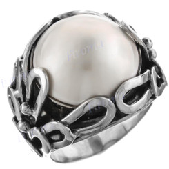 Bali Handmade White Mabe Cultured Pearl 925 Sterling Silver Ring