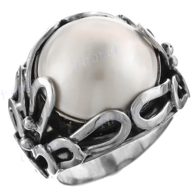 Bali Handmade White Mabe Cultured Pearl 925 Sterling Silver Ring