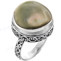 Olive Green Iridescent Round Shell 925 Sterling Silver Ring