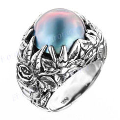 Bold South Pacific Blue Mabe Cultured Pearl Leaf Cradle 925 Sterling Silver Ring