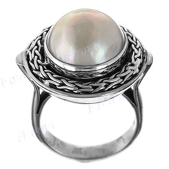 White Mabe Cultured Pearl Bali Artisan Handmade 925 Sterling Silver Ring