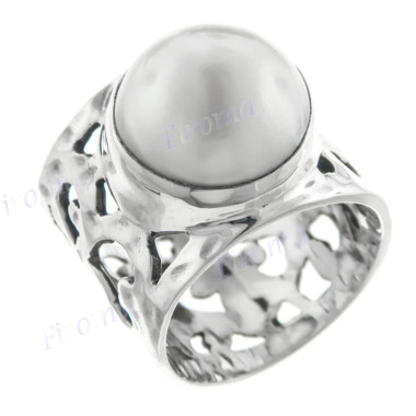 White Mabe Cultured Pearl Bali Artisan 925 Sterling Silver Ring