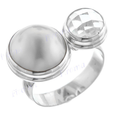 White Mabe Cultured Pearl Bali Artisan Quartz 925 Sterling Silver Ring