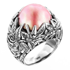 Bold South Pacific Pink Mabe Cultured Pearl Leaf Cradle 925 Sterling Silver Ring