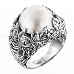 Bold South Pacific White Mabe Cultured Pearl Leaf Cradle 925 Sterling Silver Ring