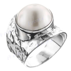 White Mabe Cultured Pearl Bali Handmade Hammered 925 Sterling Silver Ring