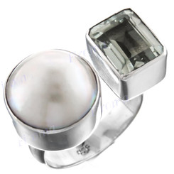White Mabe Cultured Pearl Prasiolite 925 Sterling Silver Ring