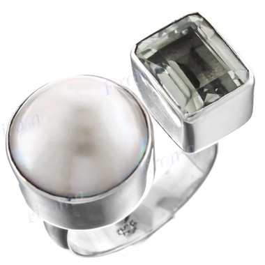 White Mabe Cultured Pearl Prasiolite 925 Sterling Silver Ring