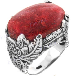 Red Coral Leaf Scrollwork 925 Sterling Silver Ring