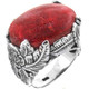 Red Coral Leaf Scrollwork 925 Sterling Silver Ring