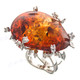 925 Sterling Silver Leaf Cradled Simulated Amber Cz Cocktail Ring