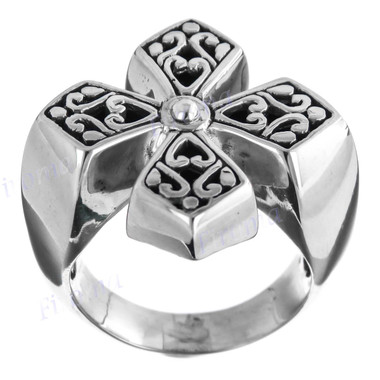 Scroll Inlay Maltese Cross Design 925 Sterling Silver Ring