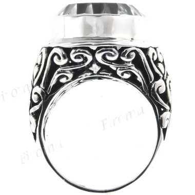 Bold Clear Quartz Scroll Filigree 925 Sterling Silver Ring, US 6-8