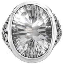 Bold Clear Quartz Scroll Filigree 925 Sterling Silver Ring, US 6-8