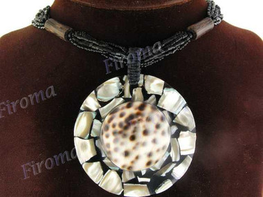 Glass Seed Beads Mother Of Pearl Tiger Cowry Shell 17 1/2" Black Necklace