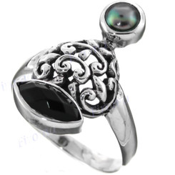 Onyx Peacock Freshwater Cultured Pearl 925 Sterling Silver Ring, US 8, 9