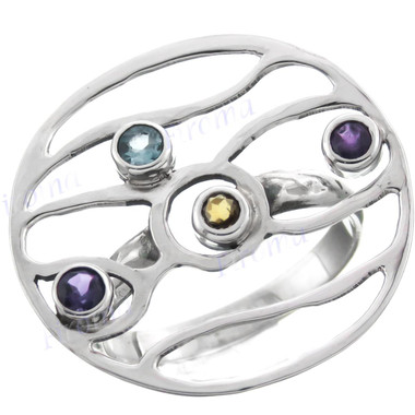 Citrine Blue Topaz Amethyst Wire Frame 925 Sterling Silver Ring, US 6, 6.5, 8.5