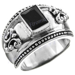 Onyx Fleur De Lis Design 925 Sterling Silver Band Ring, US 6.5, 7, 7.5, 8
