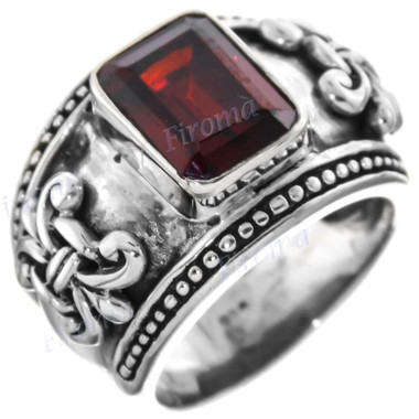 Garnet Fleur De Lis Design 925 Sterling Silver Band Ring, US 6.5, 7.5