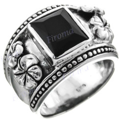 Onyx Flower Design 925 Sterling Silver Band Ring, US 6.5, 7, 7.5