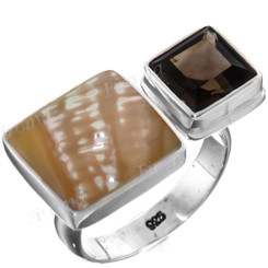 Smoky Quartz Shimmering Abalone Shell 925 Sterling Silver Ring, US 6, 6.5, 8