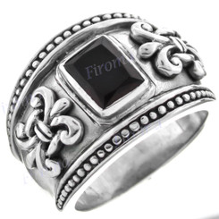 Onyx Fleur De Lis Design 925 Sterling Silver Ring, US 7, 8