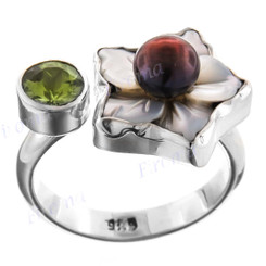 Peridot Mother Of Pearl Shell Flower Freshwater Cultured Pearl 925 Sterling Silver Ring, US 7.5, 8
