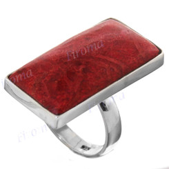 1 1/4" Rectangle Red Coral 925 Silver Ring
