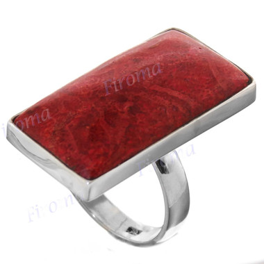 1 1/4" Rectangle Red Coral 925 Silver Ring
