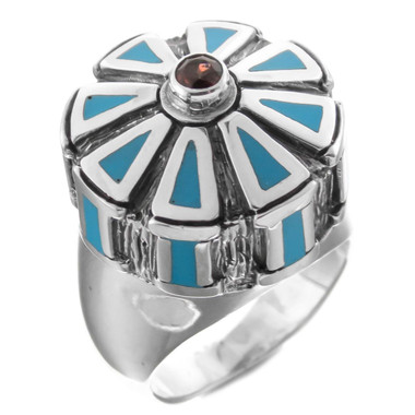Heavy Garnet Turquoise-tone 925 Sterling Silver Ring, US 7-8
