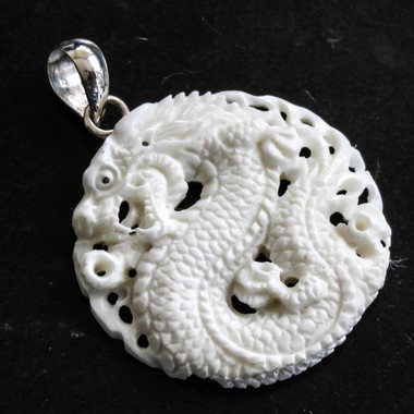 1 7/8" 925 Silver Bison Bone Chinese Dragon us Pendant
