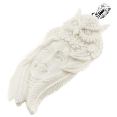 2 15/16" 925 Silver Bison Bone Carved Owl Goddess Pendant