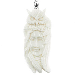 2 15/16" 925 Silver Bison Bone Carved Owl Goddess Pendant