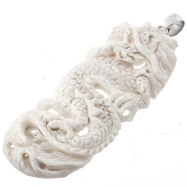 3 1/8" 925 Silver Bison Bone Carving Chinese Dragon Pendant