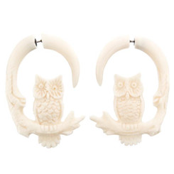 1 3/4" Bison Bone Carving Tribal Bird Owl White Earrings