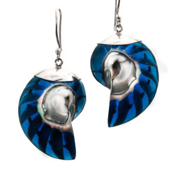 1 3/16" 925 Silver Nautilus Shell Blue French Earrings