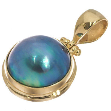 925 Silver Pacific Blue Mabe Pearl Gold Vermeil Plated Sterling Pendant, 1 1/8"