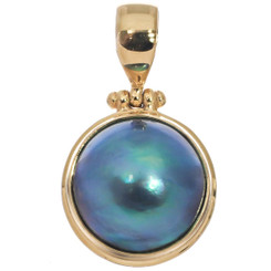 925 Silver Pacific Blue Mabe Pearl Gold Vermeil Plated Sterling Pendant, 1 1/8"