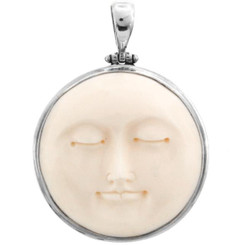 2" 925 Silver Bison Bone Moonface Carving us Pendant