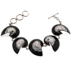925 Sterling Silver Nautilus Shell 8" Black Toggle Bracelet