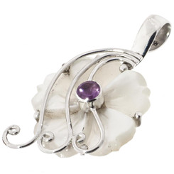 1 3/4" WHITE MOTHER OF PEARL SHELL AMETHYST FLOWER 925 STERLING SILVER pendant