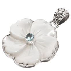 White Mother of Pearl Flower Shell Blue Topaz 925 Sterling Silver Pendant, 1 7/16"