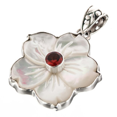 1 7/16" 925 Silver Garnet Flower Shell us Red Pendant
